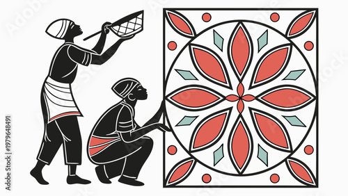 Artisans crafting a mosaic tile design with precision and care.