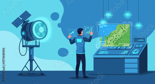 Futuristic data analysis center with advanced technology and remote monitoring equipment