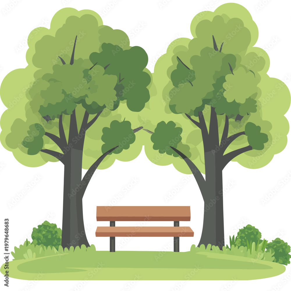 Naklejka premium A cartoon park scene features a bench situated between two trees, surrounded by grass and bushes