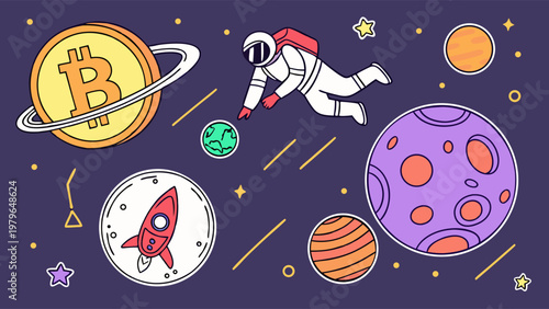 Astronaut in Space with Bitcoin and Planets Illustration.
