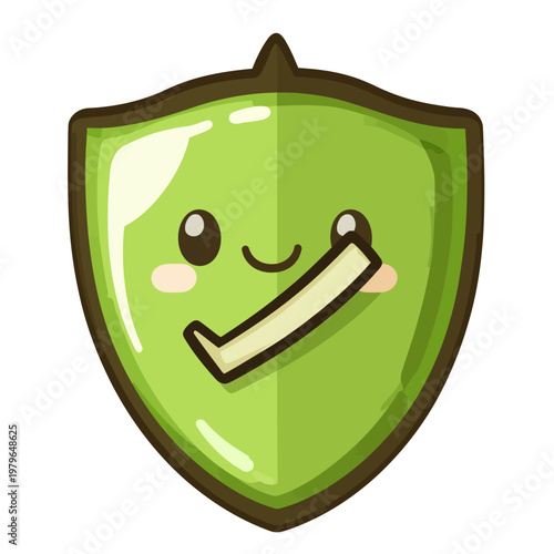 A smiling green shield with a checkmark, rosy cheeks, and cartoon-style design