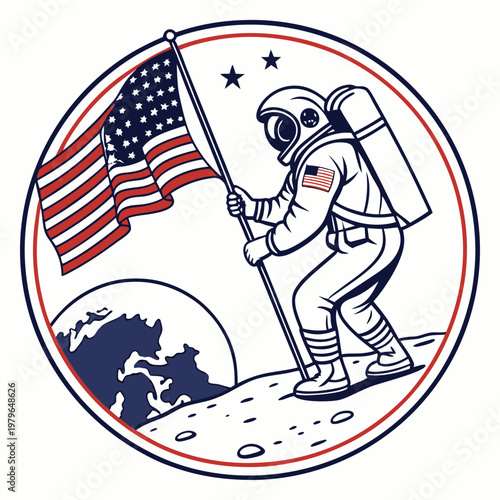 Astronaut Planting American Flag on Moon Symbolizing Space Exploration.