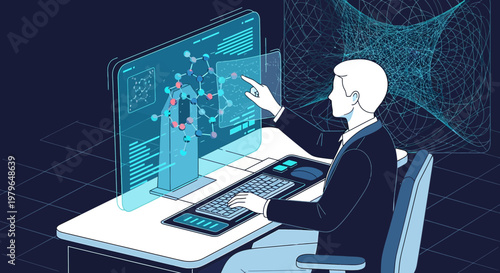 futuristic data analysis exploration of molecule structure on transparent screen at his workplace