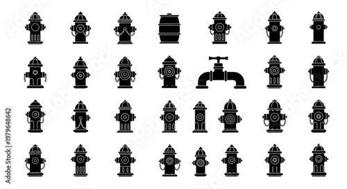 A collection of various fire hydrant silhouettes are displayed on a plain surface.