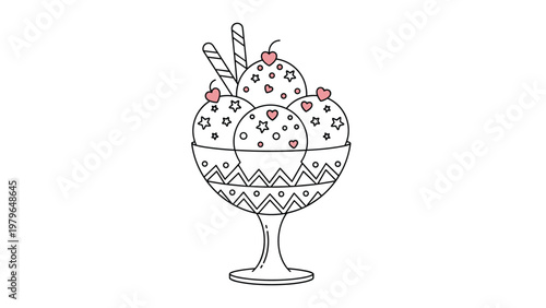 Delicious ice cream sundae with three scoops, pink heart sprinkles, stars, and wafer sticks in a decorative patterned glass bowl.