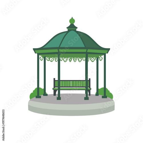 Cartoon illustration of a green gazebo with a bench and shrubbery on a gray platform