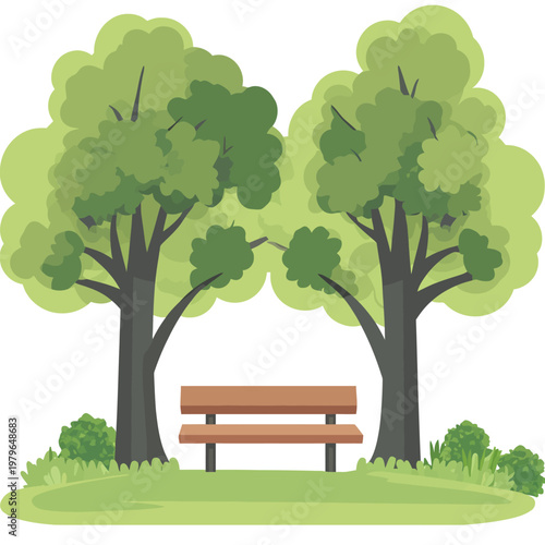 A cartoon park scene features a bench situated between two trees, surrounded by grass and bushes