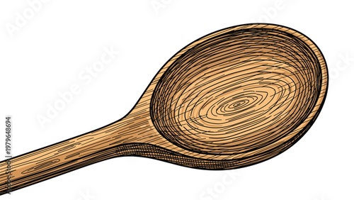 High-quality detailed sketch of a wooden cooking spoon, showing the natural grain and texture of the wood material in a warm tone.
