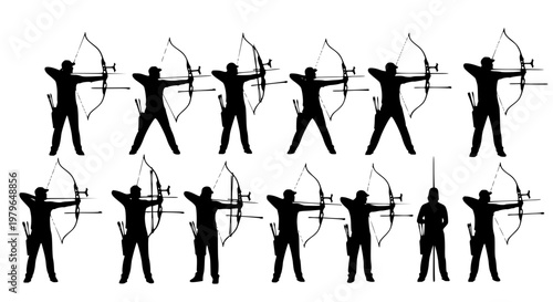 Archery Shooting Sequence Silhouette Set Showing Bow Draw and Arrow Release Vector Illustration on White Background