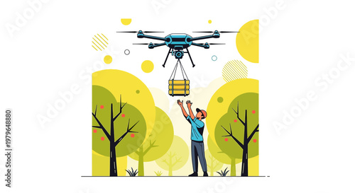 Futuristic delivery concept with drone carrying package to recipient in a vibrant park setting