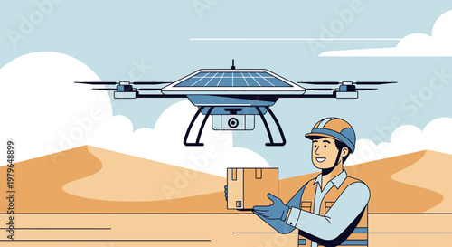 Futuristic desert delivery system with worker and innovative solar-powered drone technology