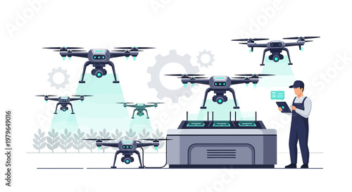 Futuristic drone management system operated by a technician using digital technology enhancing