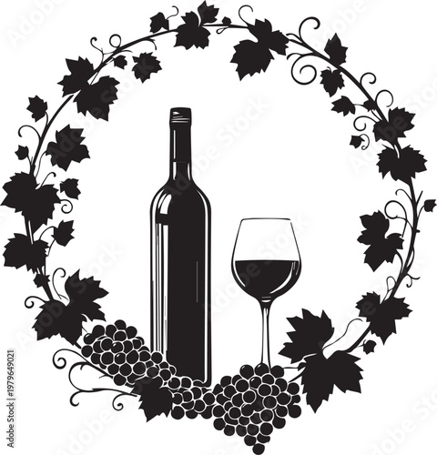 Wine bottle glass grape vine wreath silhouette vintage winery drink beverage decorative frame art
