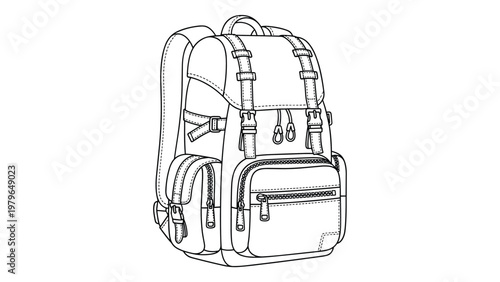 Detailed line art drawing of a classic hiking backpack with multiple pockets and straps for outdoor adventure planning.