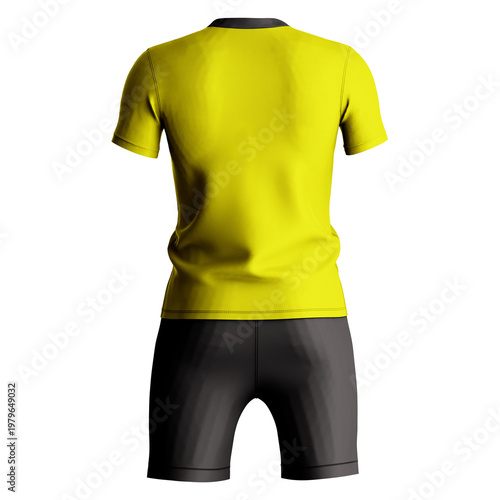 This Back View Breathtaking Jersey Set Mock Up In Vibrant Yellow Color Is Ideal For Showcasing Your Designs To Captivate Your Audience, Just Add Your Own Design.