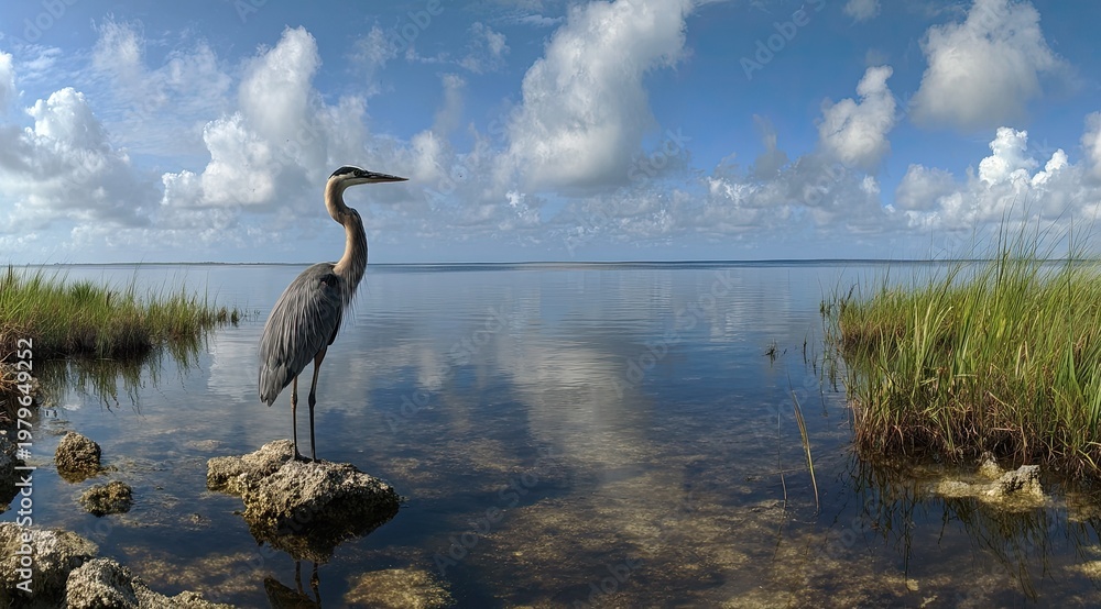 Fototapeta premium Tall blue heron stands on rock in a calm marsh, reflecting the cloudy sky above