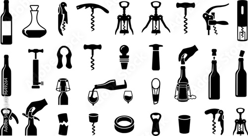 Corkscrew with Wine Bottle. Solid icon set of Corkscrew with Wine Bottle: wine bottle, corkscrew opener, cork being pulled, wine cork, bottle neck, waiter