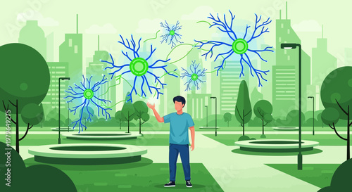 Futuristic exploration of brain neuron networks in urban park environment visualization