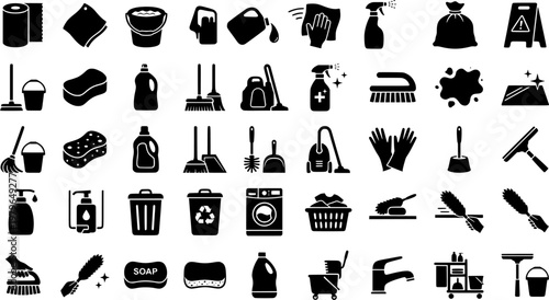 Coffee Spill - cleanup. Solid icon set of Coffee Spill - cleanup: paper towel, cleaning cloth, mop bucket, spill absorbent, wiping hand, spray bottle, trash 