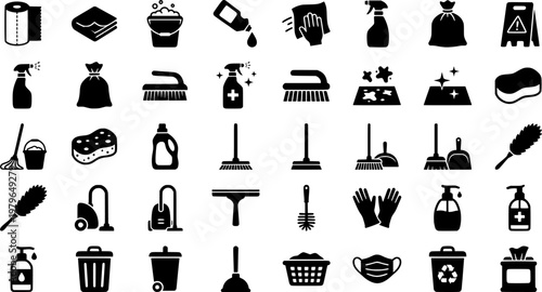 Coffee Spill - cleanup. Solid icon set of Coffee Spill - cleanup: paper towel, cleaning cloth, mop bucket, spill absorbent, wiping hand, spray bottle, trash 