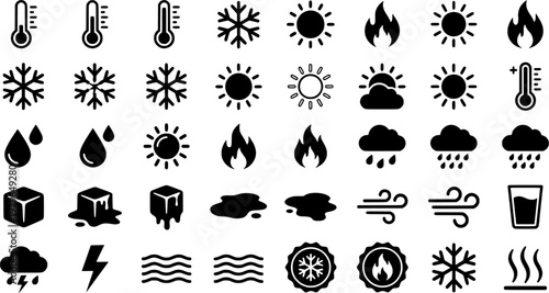 Phase Change Icons. Phase change. Solid icon set of Phase change: ice cube, water droplet, thermometer, snowflake, flame, sun, melting ice, puddle, snow, cold