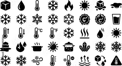 Phase Change Icons. Phase change. Solid icon set of Phase change: ice cube, water droplet, thermometer, snowflake, flame, sun, melting ice, puddle, snow, cold