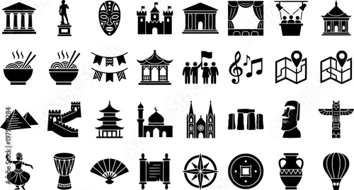 Cultural Tourism Icons. Cultural Tourism. Line icon set of Cultural Tourism: museum building, ancient statue, traditional mask, historic landmark, art gallery,