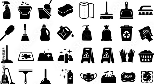 Coffee Spill - cleanup. Solid icon set of Coffee Spill - cleanup: paper towel, cleaning cloth, mop bucket, spill absorbent, wiping hand, spray bottle, trash 