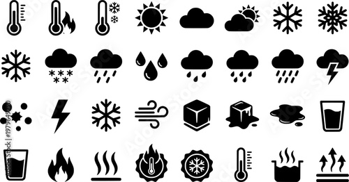 Phase Change Icons. Phase change. Solid icon set of Phase change: ice cube, water droplet, thermometer, snowflake, flame, sun, melting ice, puddle, snow, cold