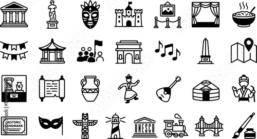 Cultural Tourism Icons. Cultural Tourism. Line icon set of Cultural Tourism: museum building, ancient statue, traditional mask, historic landmark, art gallery,
