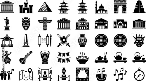 Cultural Tourism Icons. Cultural Tourism. Line icon set of Cultural Tourism: museum building, ancient statue, traditional mask, historic landmark, art gallery,