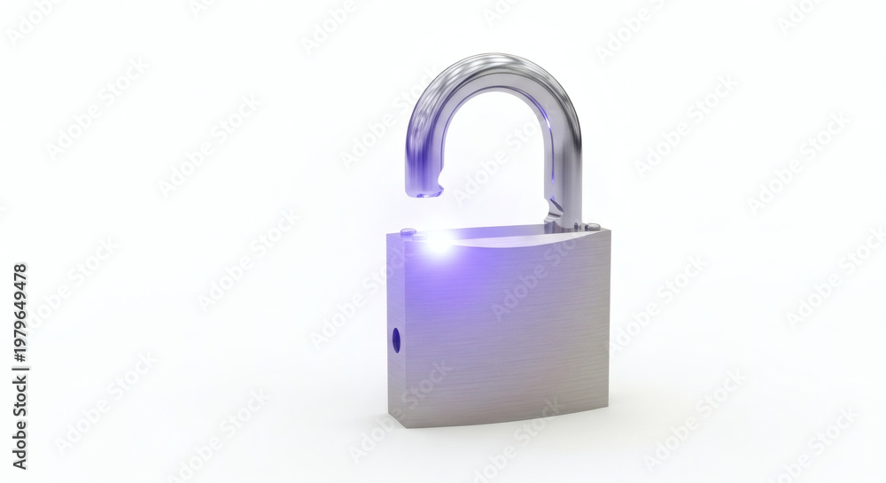 Fototapeta premium A shiny silver padlock with an open shackle stands on a plain white background, symbolizing security and protection.