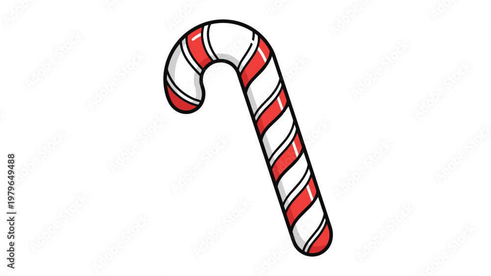 Fototapeta premium Traditional red and white striped candy cane festive holiday treat depicted in a bright and glossy cartoon style.