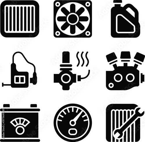 Car engine icons black and white vector illustration showing automotive parts maintenance symbols for mechanical repair service design