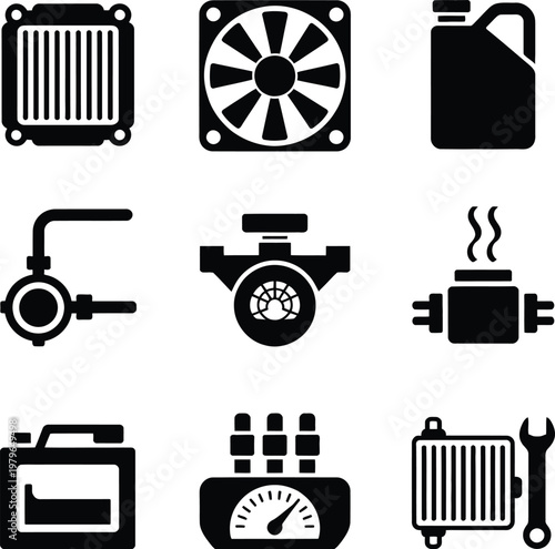 Car engine icons monochrome vector illustration with automotive mechanical parts repair maintenance symbols for garage service graphics