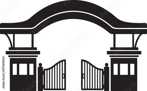 Black and white of an ornate gated entrance with two pillars and a curved overhead archway structure