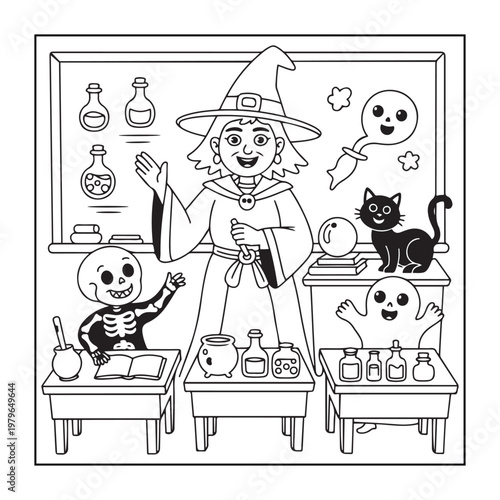 Halloween spooky coloring pages for teens and adults. line art illustration.