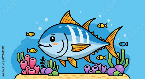 Cartoon illustration of a tuna fish swimming in the ocean, celebrating world tuna day with coral and small fish