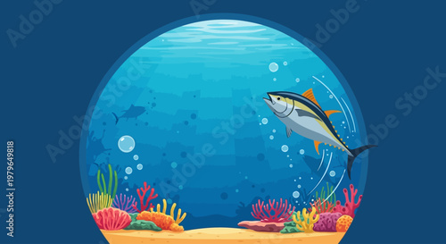 A vibrant underwater scene celebrating World Tuna Day with a jumping tuna and colorful coral reefs, showcasing the beauty of marine life