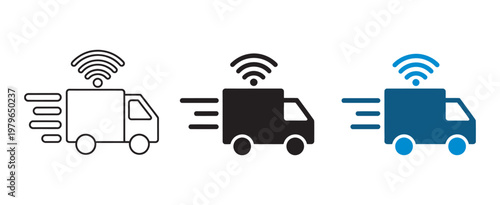 Smart truck symbol, IoT logistics autonomous vehicle supply chain real time tracking transportation technology vector illustration