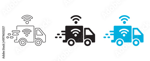 Smart truck IoT icon set, autonomous vehicle logistics supply chain real time tracking transport technology connected system vector design