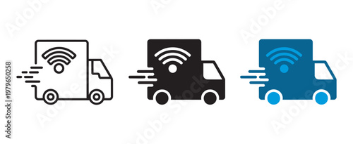 Smart truck IoT icon set, autonomous vehicle logistics supply chain real time tracking transport technology connected system vector design