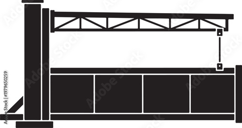 Black and white silhouette of a heavy-duty industrial gantry crane or loading dock structure with a truss beam and support pillar