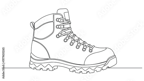 Simple line art illustration of a sturdy hiking boot with thick soles and laces representing outdoor adventure and travel.