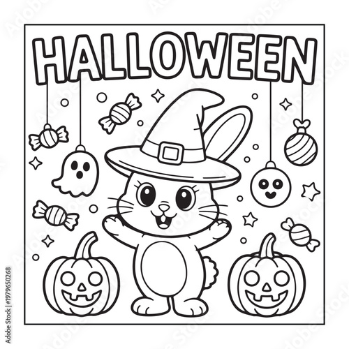 Halloween spooky coloring pages for teens and adults. line art illustration.