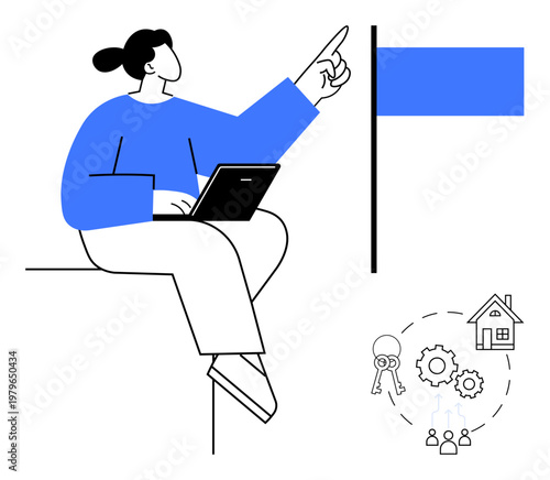 Team collaboration, property management, goal setting, real estate strategy, remote work, innovative technologies. Woman pointing at flag using laptop. Team collaboration and property management