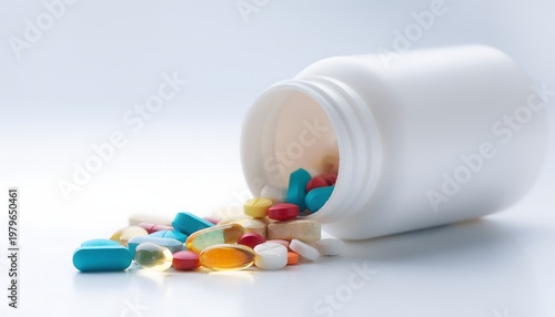 Assorted colorful pills and capsules spilling out of a white plastic bottle on a clean white background