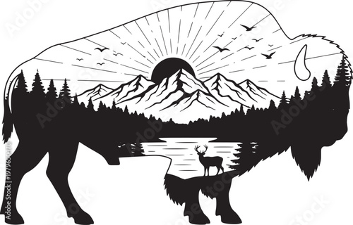 Bison Silhouette with Mountain Landscape Double Exposure - Vector Illustration
