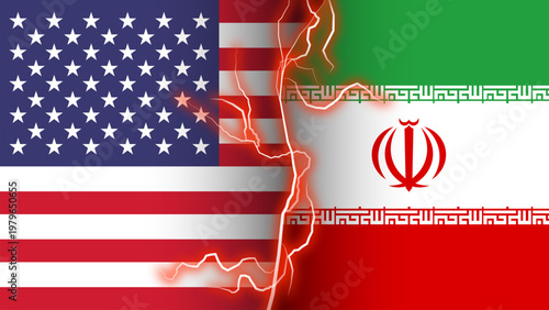 USA vs Iran Conflict Concept. American and Iranian Flags with Lightning Background. Political Conflict Illustration