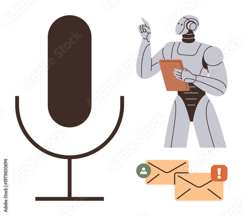 Artificial intelligence, voice recognition, digital assistants, automation, machine learning, email technology. A robot holding a tablet near a microphone icon and email notifications. Artificial